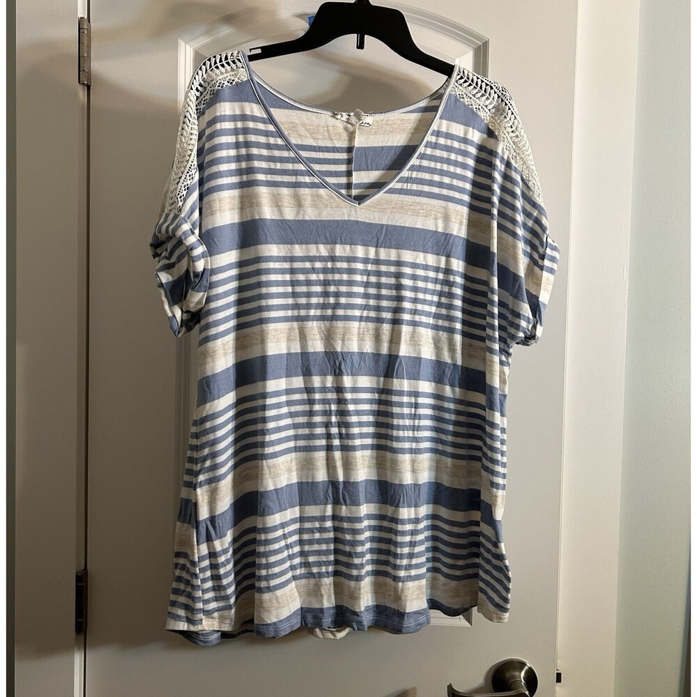 Corvia Plus Size 2X Blue Striped Knit Tee Crochet Lace Shoulder Rayon Beach Boho